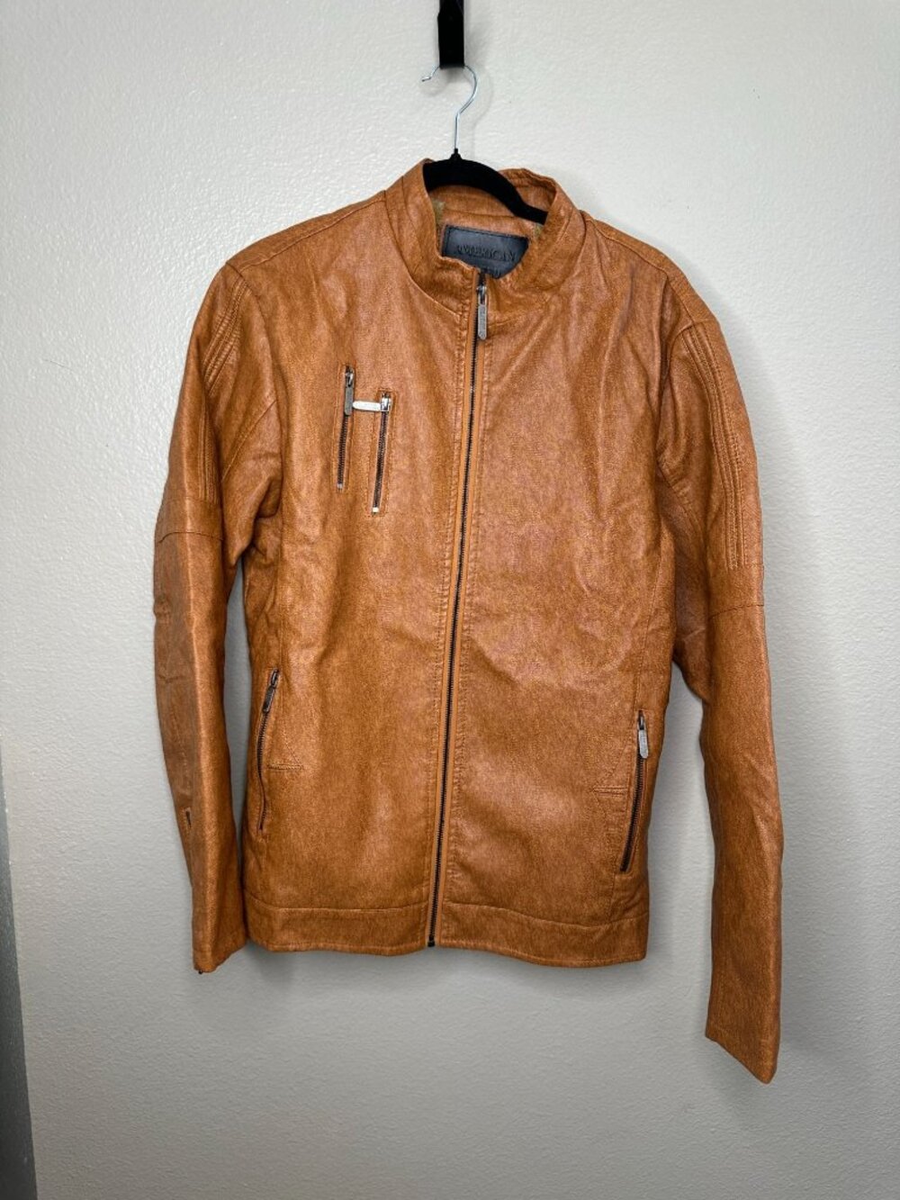 American Breed Mens Brown Faux Leather Jacket Large Sherpa Lining zipper